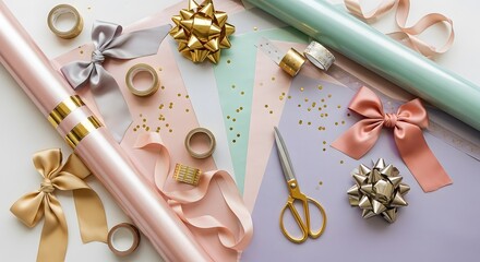 Fototapeta premium Gift wrapping supplies with ribbons, scissors, and bows