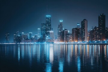 Fototapeta premium Illuminated skyscraper silhouettes reflect in calm water at dusk, cityscape