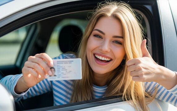 Happy young woman shows new driver’s license inside blue car. - Powered by Adobe