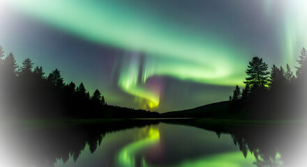 The magical green and purple aurora borealis dances in the night sky and is perfectly reflected in the still water of a remote lake