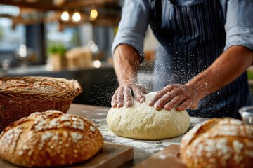 Baker prepares fresh dough in a modern kitchen with artisanal breads nearby