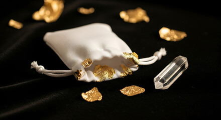 Floating Treasure - White Pouch, Gold Nuggets, Crystal, Dark Background, Dramatic Lighting.
