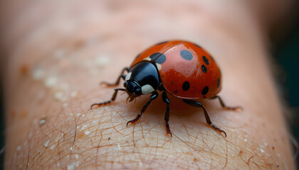 Close up of a ladybug resting on a person&rsquo;s arm, detailed macro view of the insect on human skin with natural textures and soft natural background