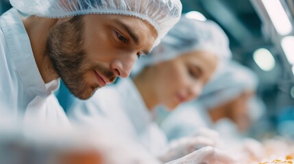 Workers in food processing facility preparing meals during busy shift hours in modern kitchen environment
