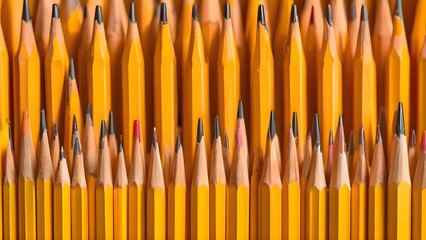 Fototapeta premium Many pencils lined up in a row on a desk showing colors, textures, and details of writing instruments in neat and organized arrangement