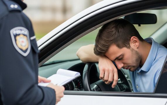 Young man bows in disappointment, receiving ticket from traffic police.