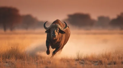 Canvas schilderij Buffel A powerful african buffalo charging through a dusty savanna during a golden hour sunset, creating a dramatic scene  © Kumala