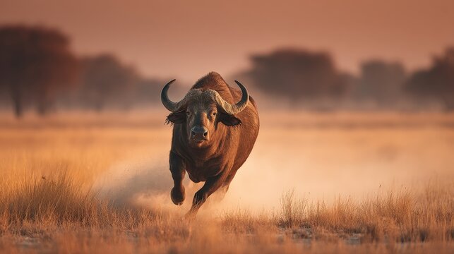 A powerful african buffalo charging through a dusty savanna during a golden hour sunset, creating a dramatic scene