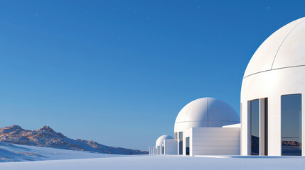 Obraz premium Futuristic domed structures in snowy landscape under clear blue sky, evoking sense of tranquility and innovation