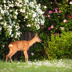 A roe deer gracefully navigates a lush garden filled with blooming flowers, showcasing the beauty of nature in a tranquil setting.