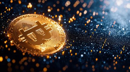 Glimmering cryptocurrency coin with distinctive logo, surrounded by sparkling particles, symbolizes digital finance and innovation