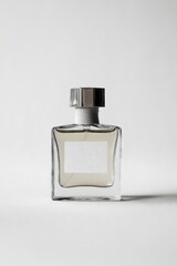 Minimalist perfume bottle with silver cap and blank white label against clean white background