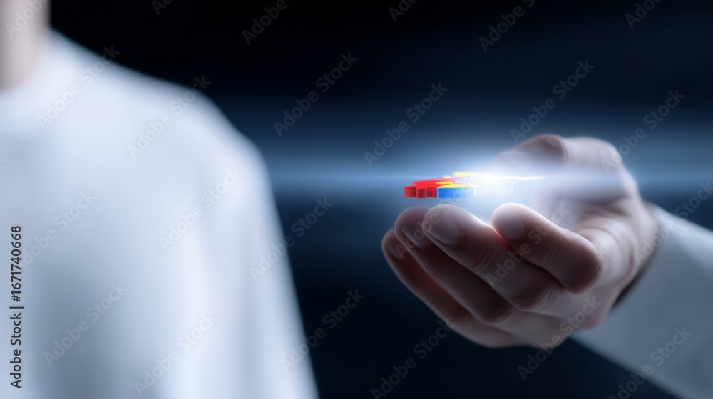 Poster a hand reaching out with a glowing object showcases a futuristic concept. this image embodies techno