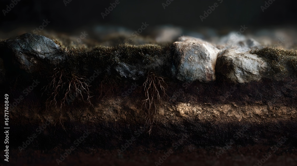 Poster soil layers and roots cross section with rocks and textures