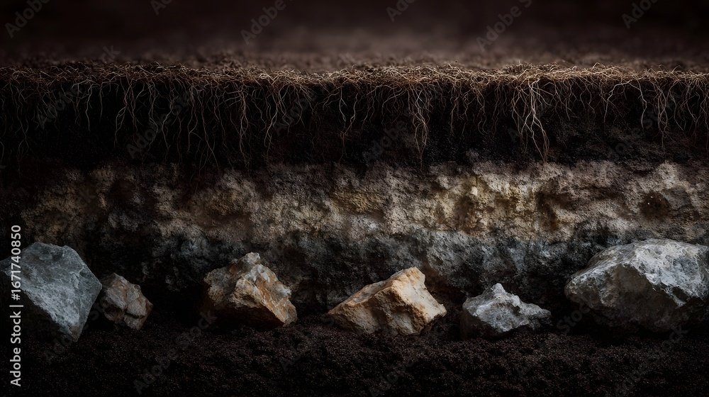 Poster cross section of layered soil with roots and rocks