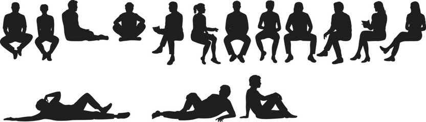 Silhouettes of people sitting, diverse poses, sitting group, relaxed positions, casual sitting, isolated on white background, men and women, leisure time, variety of postures