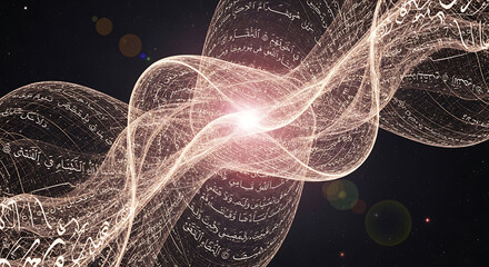 Abstract glowing particle wave forming a dnalike structure with a bright light in the center against a dark background