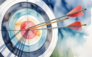 Artistic watercolor illustration of three arrows precisely hitting the bullseye of an archery target, symbolizing success, goal achievement, and strategic business accuracy