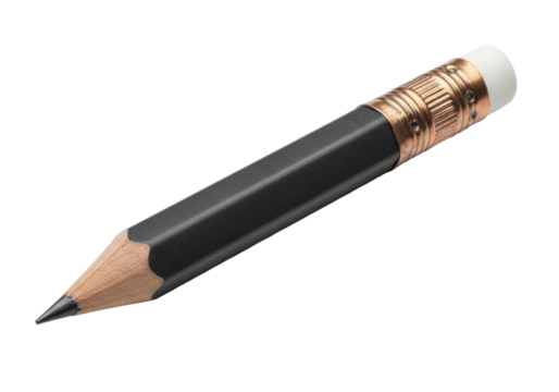 Chunky hexagonal charcoal-grey artist's pencil with sharp tip, clear eraser, copper ferrule, on transparent background, soft shadows, concept of artistic precision