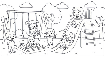 Cheerful children play together at the playground, enjoying swings, slide, and sandbox activities