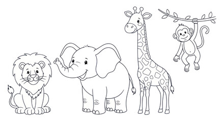 Fototapeta premium Cute cartoon african animals coloring page for kids with lion elephant giraffe and monkey smiling