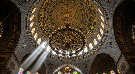 Obraz premium Sunlight streams through the dome of the blue mosque in istanbul, illuminating intricate islamic calligraphy and a grand chandelier