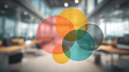 Abstract colorful circles overlapping in a modern office space, representing data visualization and business strategy
