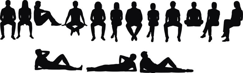 Silhouettes of people sitting, relaxed poses, diverse group, seated individuals, casual sitting, meditation poses, resting figures, black silhouettes, isolated on white