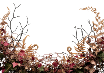 Close-up of aged crimson ivy, ochre ferns, charcoal branches forming entangled border on transparent background with copy space, natural decay concept