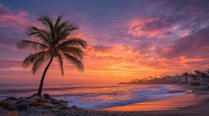 A palm tree stands on a beach at sunset with colorful clouds reflecting on the ocean waves