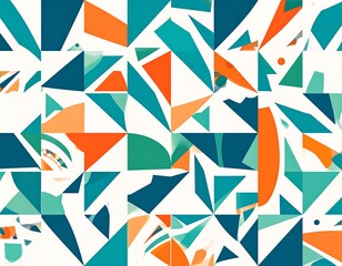 A vibrant geometric pattern composed of overlapping triangles in bold, contrasting colors against a white background.
