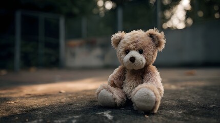 Solitary teddy bear sits in empty playground