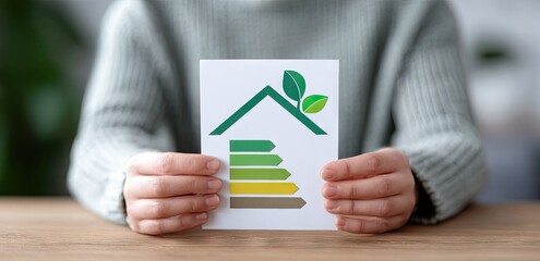 Person holding an eco-friendly home energy efficiency rating card