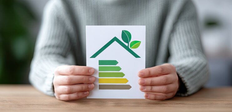 Person holding an eco-friendly home energy efficiency rating card - Powered by Adobe