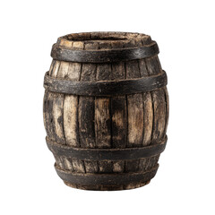Obraz premium Aged wooden barrel, dark gray/brown wood, circular shape, sturdy bands of dark material around the barrel