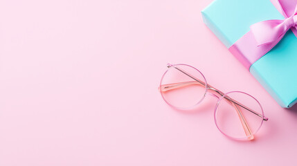 Minimalist composition featuring stylish round glasses beside beautifully wrapped gift box with pink ribbon on soft pink background