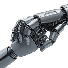 Sleek chrome futuristic and robust industrial robotic hands in a complex interlocked grip, isolated on a transparent studio background with copy space, macro, concept of advanced technological