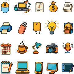 20 Cartoon Vector Icons of Freelance Tools &ndash; Flat Style, Isolated on White Background