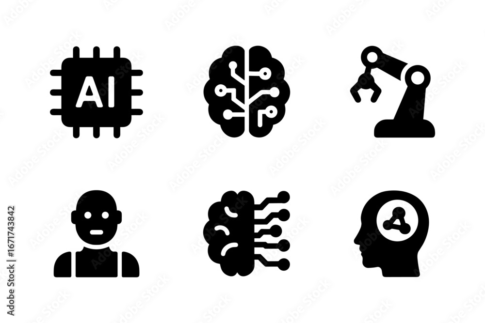 Poster modern ai and robotics icons: brain, chip, robot arm, human interaction, neural network