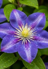 Captivating clematis blooms in vibrant blue and violet tones with raindrops elegance