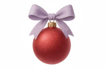 Red christmas ball ornament hanging from a purple bow isolated on a transparent background, perfect for holiday projects