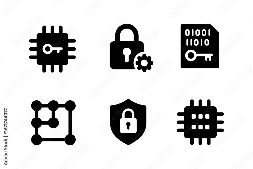 Poster minimalist cybersecurity icons featuring lock and encryption symbols