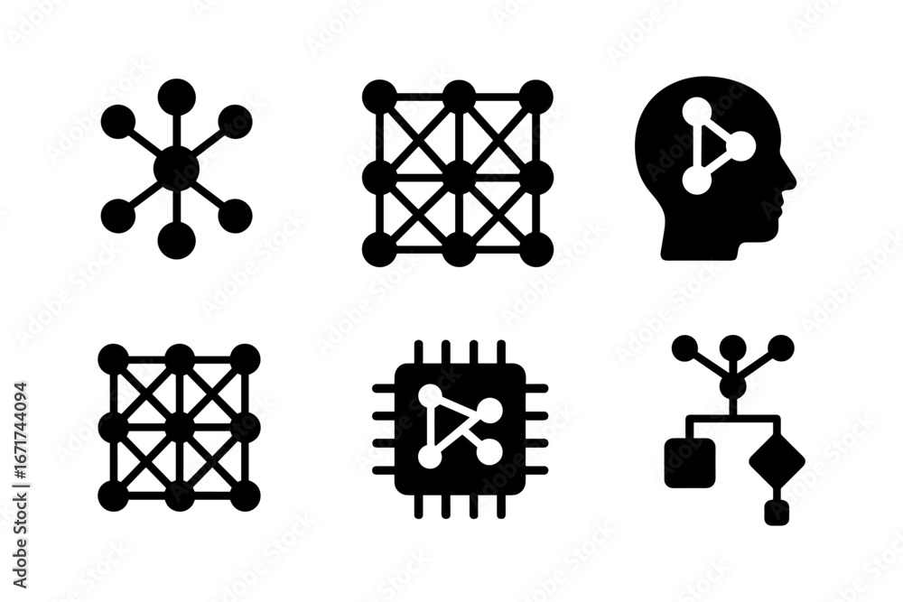 Poster black simple neural network icons set with processor and brain connections