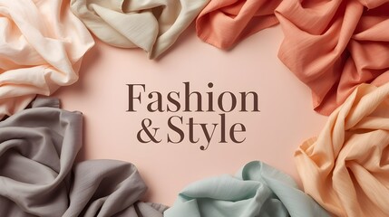 A visually appealing poster with the text "Fashion and Style" in a beautiful and intricate typography, on a background consisting of cardboard clothes in pastel tones,
