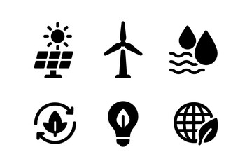Eco-friendly icons set: solar, wind, water, recycling, innovation, sustainability