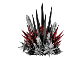 Foreboding metallic flora cluster with polished obsidian spires, crimson crystals, silver stars, charcoal platelets on white, dramatic light, concept of ancient unearthly power