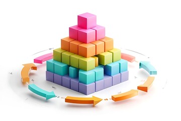 Dynamic layered pyramid chart with vibrant arrows illustrating cyclical business growth and progress
