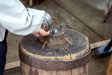 Tool for creating coins by embossing. Steel cliche for creating souvenir coins.