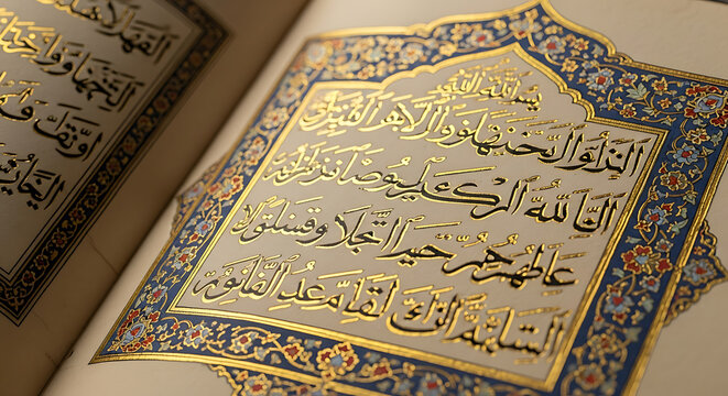Closeup of an open quran with ornate golden calligraphy and decorative borders, highlighting islamic scripture