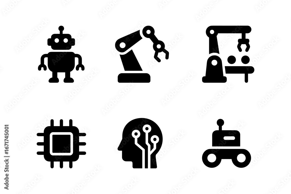 Poster icon set featuring robotics and ai technology in simple silhouette style